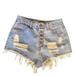Forever 21 Women Blue Buttoned Distressed Cut Off Denim Short Jeans